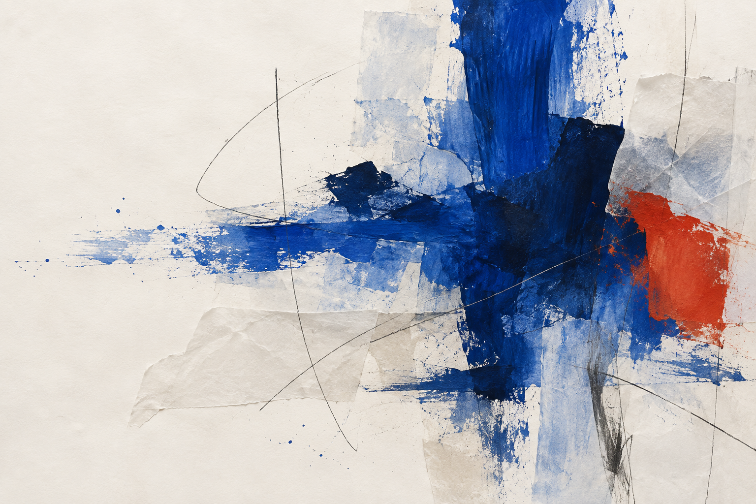 An expressive blue and orange painting, with sweeping cobalt brushstrokes, a vivid vermilion shape, graphite lines, and layers of translucent paper.